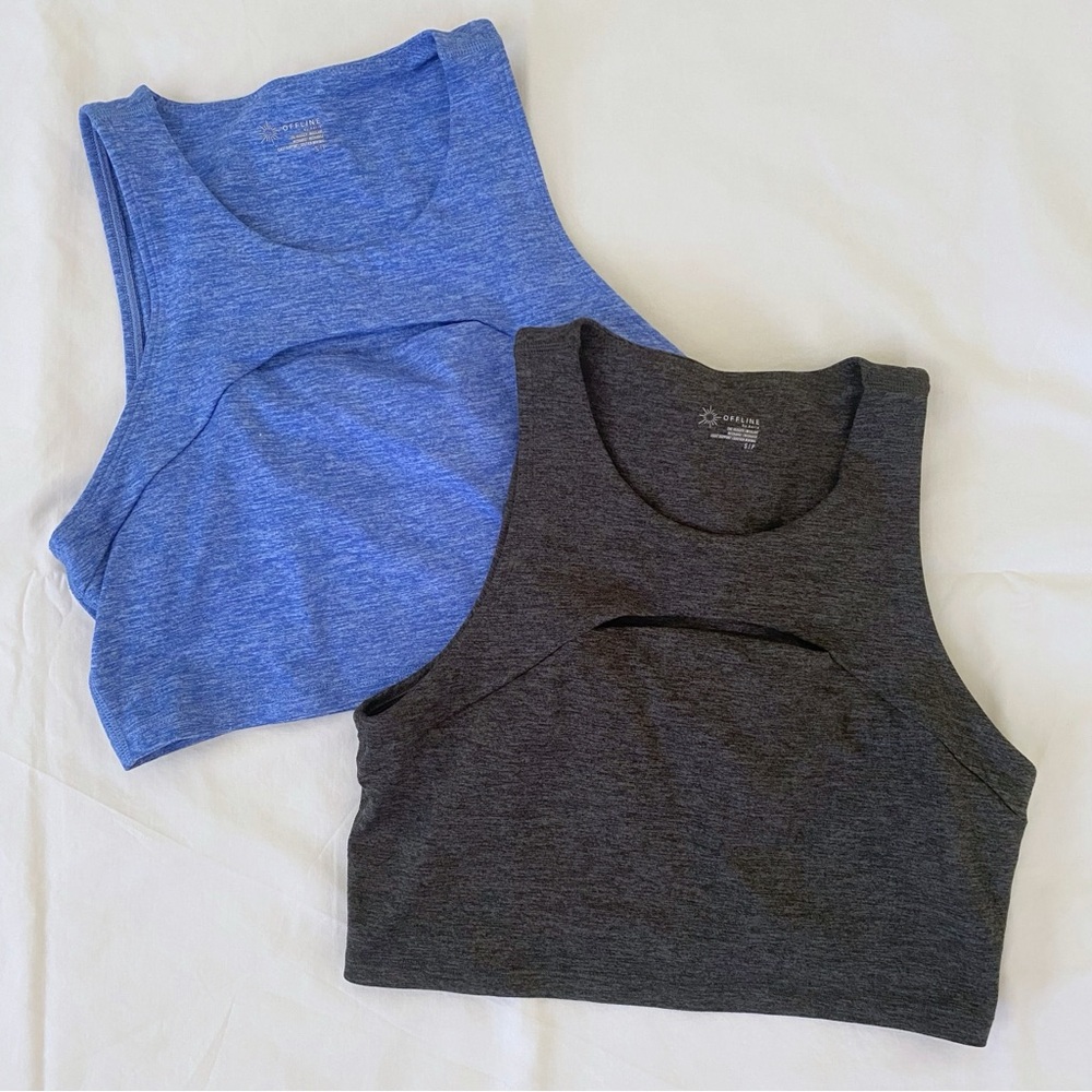 Lot 2 Aerie The Hugger Sports Bra Top Small Scoop Neck Keyhole Gray Blue